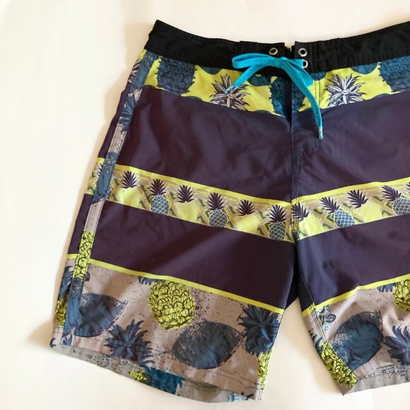 Vintage Ocean Pacific Board Shorts Mens Swim Suit Size M 34 Pineapples Teal Blue - Picture 2 of 16